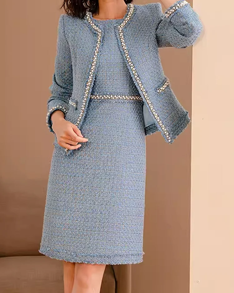 Elegant Tweed Jacket And Dress Two-Piece Set