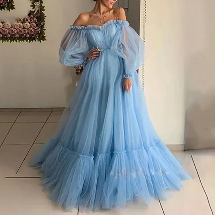 Maternity Mesh Long Sleeve Off The Shoulder Gown Maxi Dress