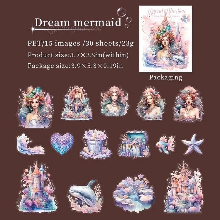 Journalsay 30 sheets of Ocean Legend series retro mermaid landscaping PET stickers