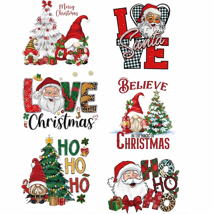 6 Sheet Christmas Iron on Patches Gnome Santa Heat Transfer Vinyl Patch Stickers