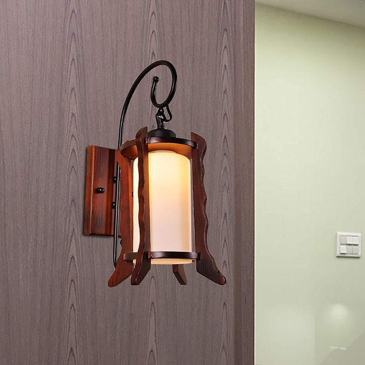 Red Brown Lantern Wall Mount Light Traditional Style 1 Head Wood Sconce Lighting with Milk Glass Shade