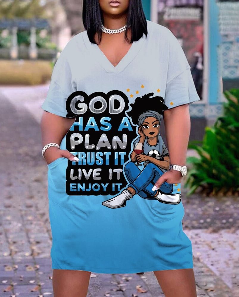 GOD HAS  A PLAN Print Plus Size V Neck Mid Sleeve Dress