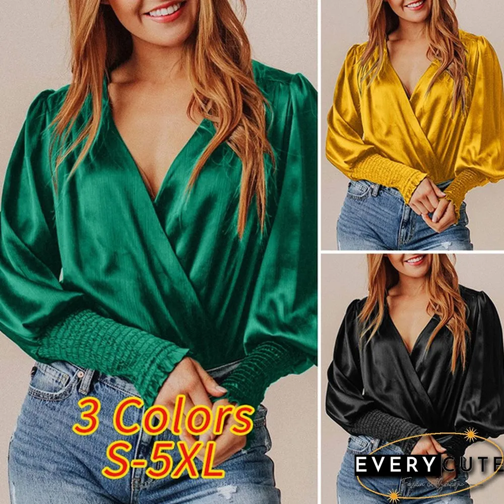 Womens Long-Sleeve Neck Blouse Spring/Autumn Elegant Casual Silk Shirt Ladies Pleated Tops
