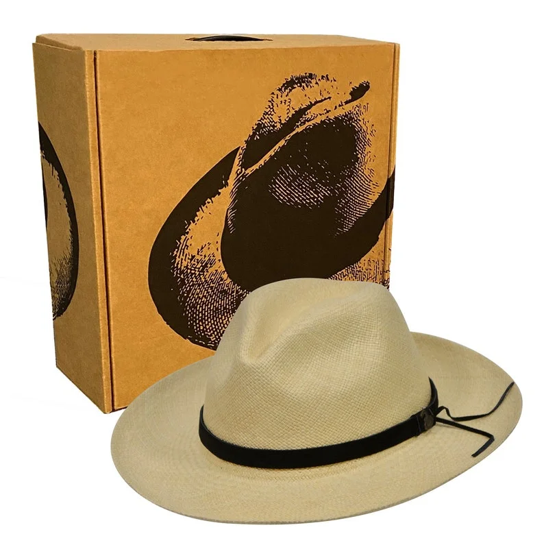 Original Panama Hat - Wide Brim Fedora - Natural Straw - Black Leather Band - Handmade in Ecuador by Ecua-Andino - EA - HatBox Included-FREE SHIPPING