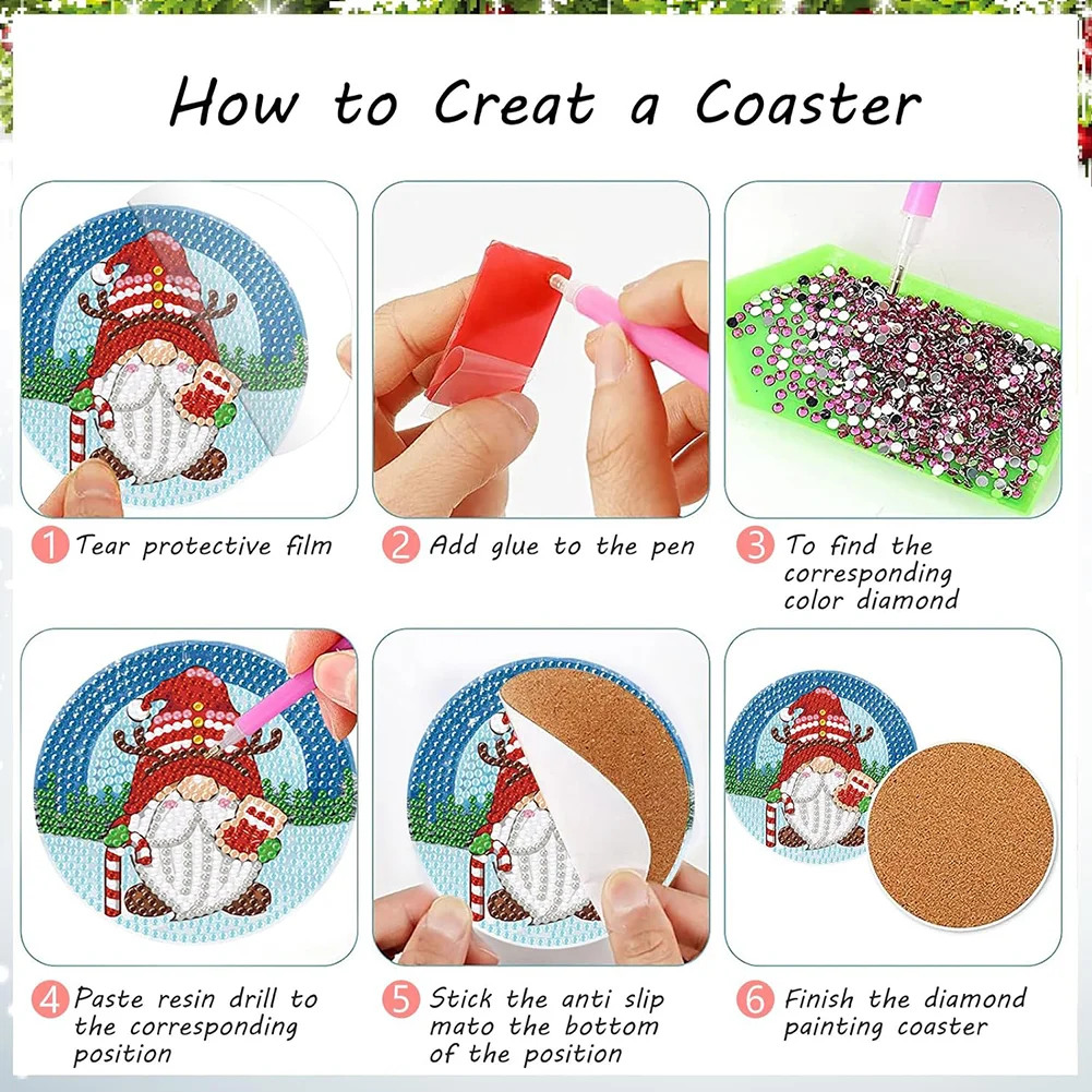 8pcs DIY Christmas Gnome Diamond Painting Art Coaster Kit Acrylic Round Diamond Painting DIY Coaster