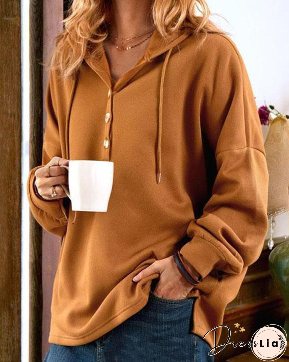 Plain Color Women's Button Hoodie Casual Pullover