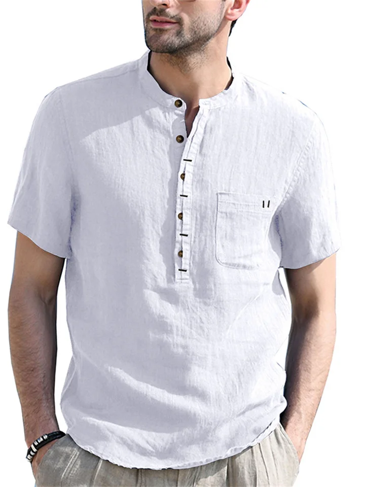 Stand Collar Short-sleeved Linen Shirt Sleeve Breathable Casual Linen Soft Slim Fit Men