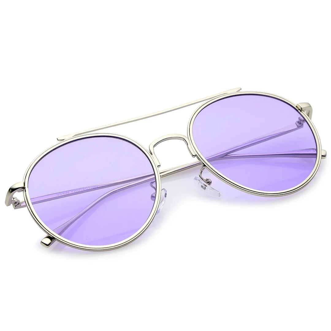 Modern Metal Crossbar Slim Temple Colored Flat Lens Round Aviator glasses 54mm