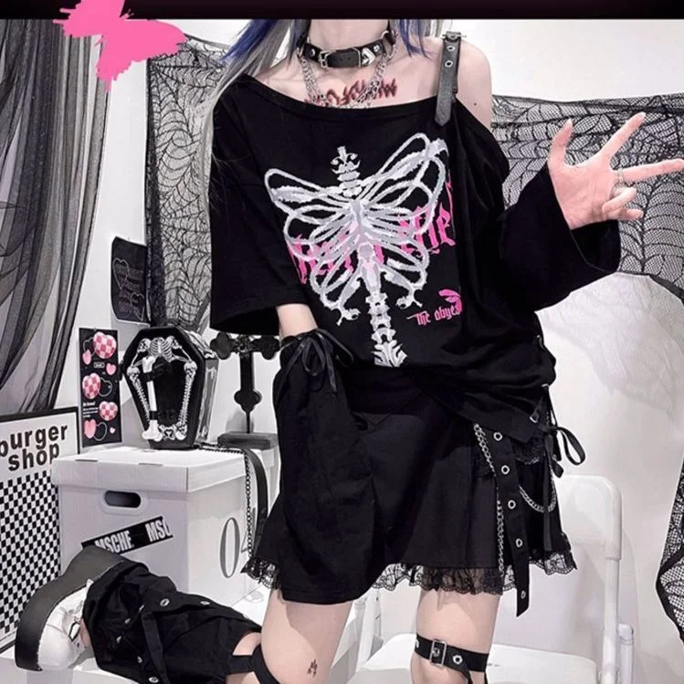 Vstacam Punk Y2K Sexy Girl Print Sweet Cool Short Sleeve T-Shirt Women 2000S Anime Off Shoulder Loose Skull T Shirt Y2k Clothes