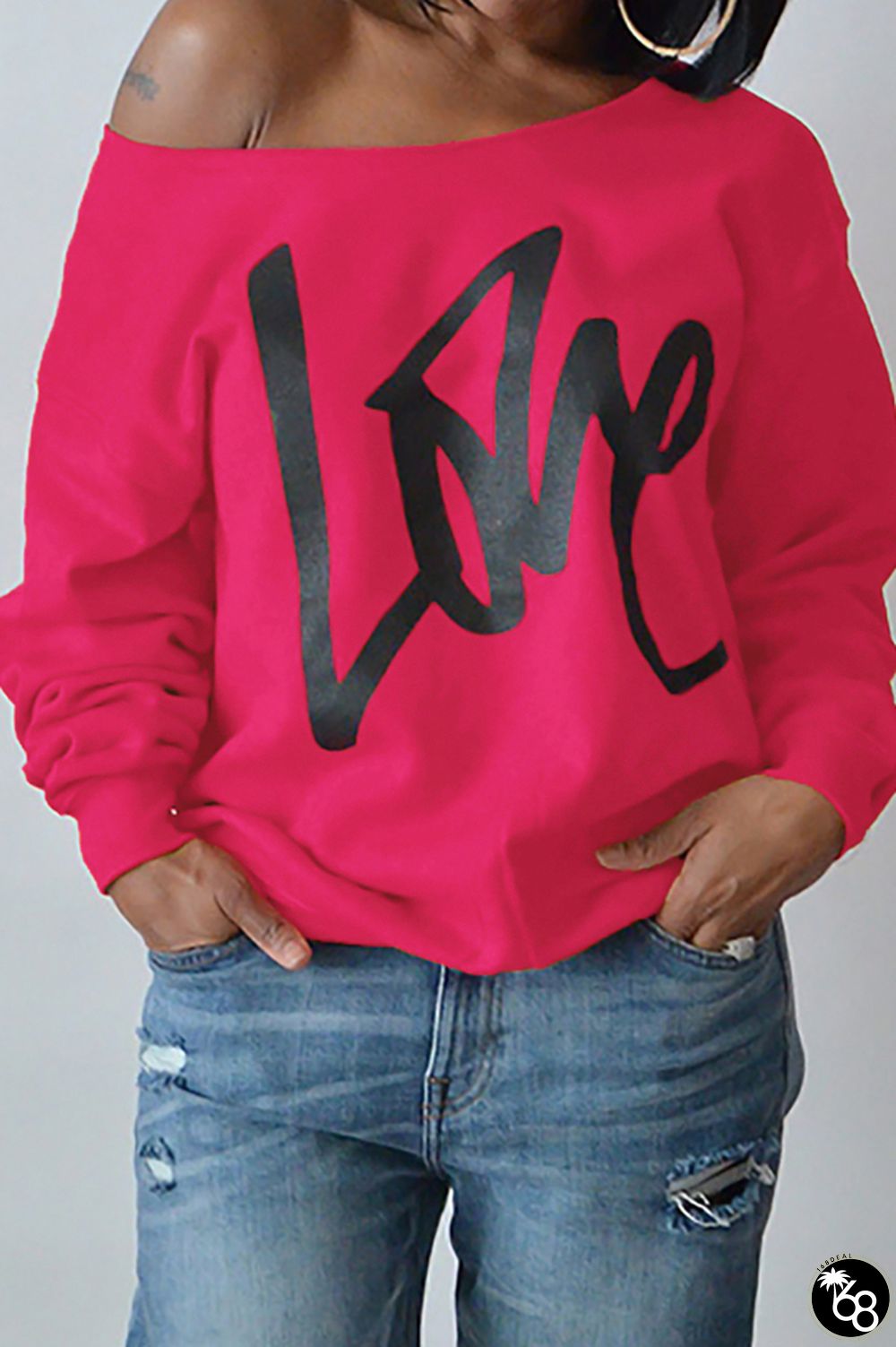 Rose Red Leisure Round Neck Long Sleeves Letters Printing Pullover | 168DEAL