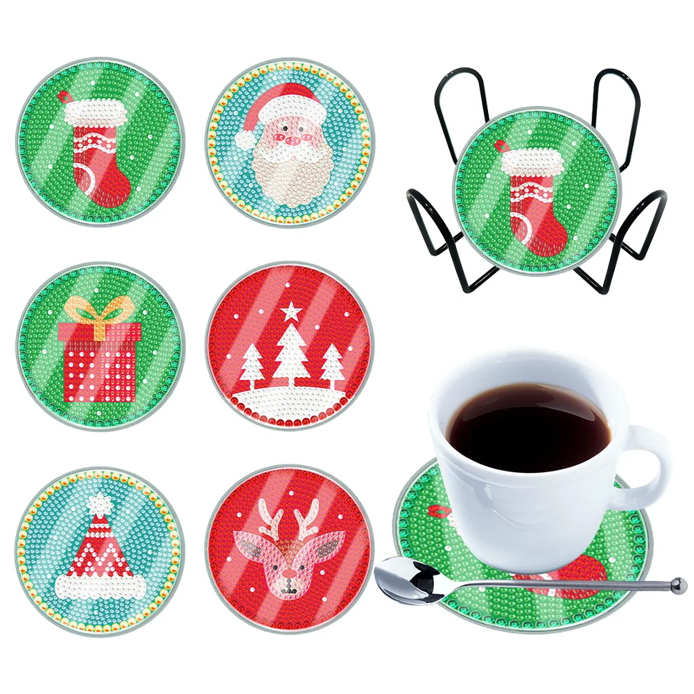 [Upgrade - Waterproof Coaster]6pcs DIY Christmas Coaster Set Holiday Christmas for Adults and Beginners(With Covers)