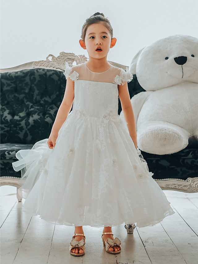 Oknass Ball Gown Cap Sleeve Jewel Neck Flower Girl Dresses Lace With Petal Buttons Pearls