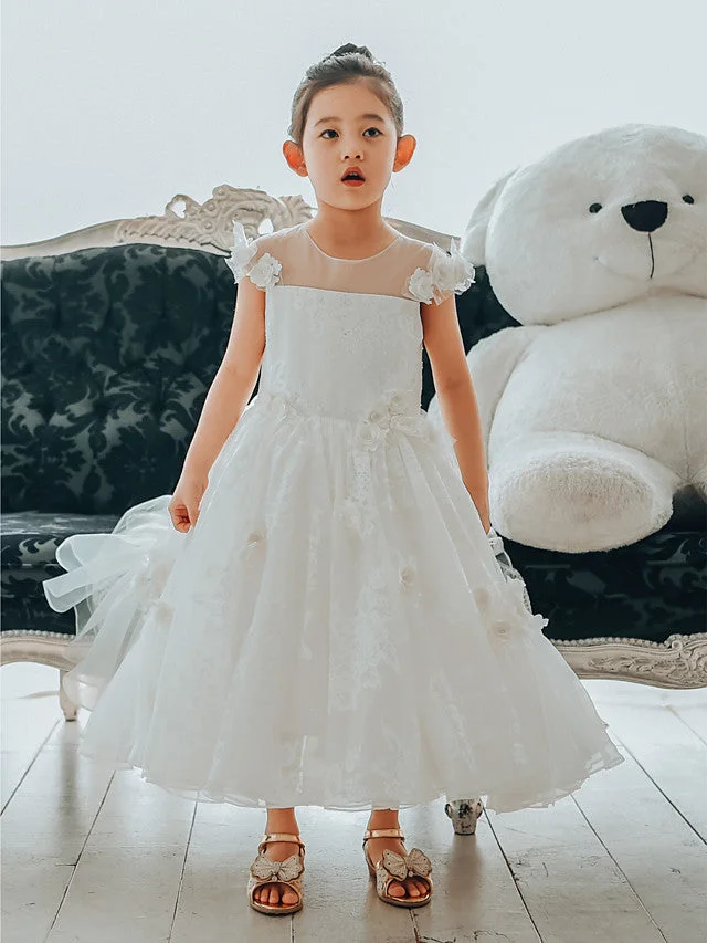 Daisda Ball Gown Cap Sleeve Jewel Neck Flower Girl Dresses Lace With Petal Buttons Pearls