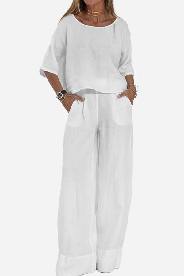 At Ease & Down to Earth: Short-sleeved Pullover & Wide Trouser Matching Set Radinnoo.com
