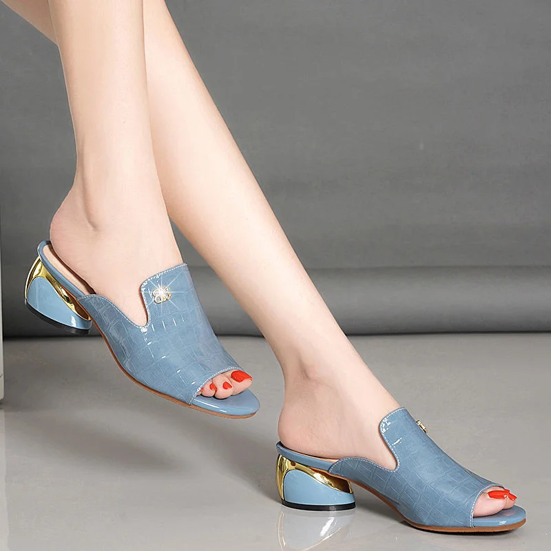 Yyvonne Women's Coarse Heel Heel Women's Shoes Soft Leather Cool Slippers Wearing Fashion Fish Mouth Large Size Lady Cool Drag