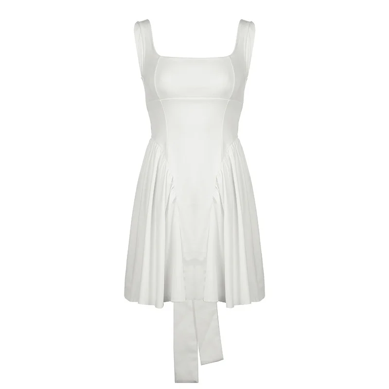 Ueong Romantic Atmosphere, Pure Color, Sexy, Bare Back, Stitching, Square Collar, Waist A, Short Dress.