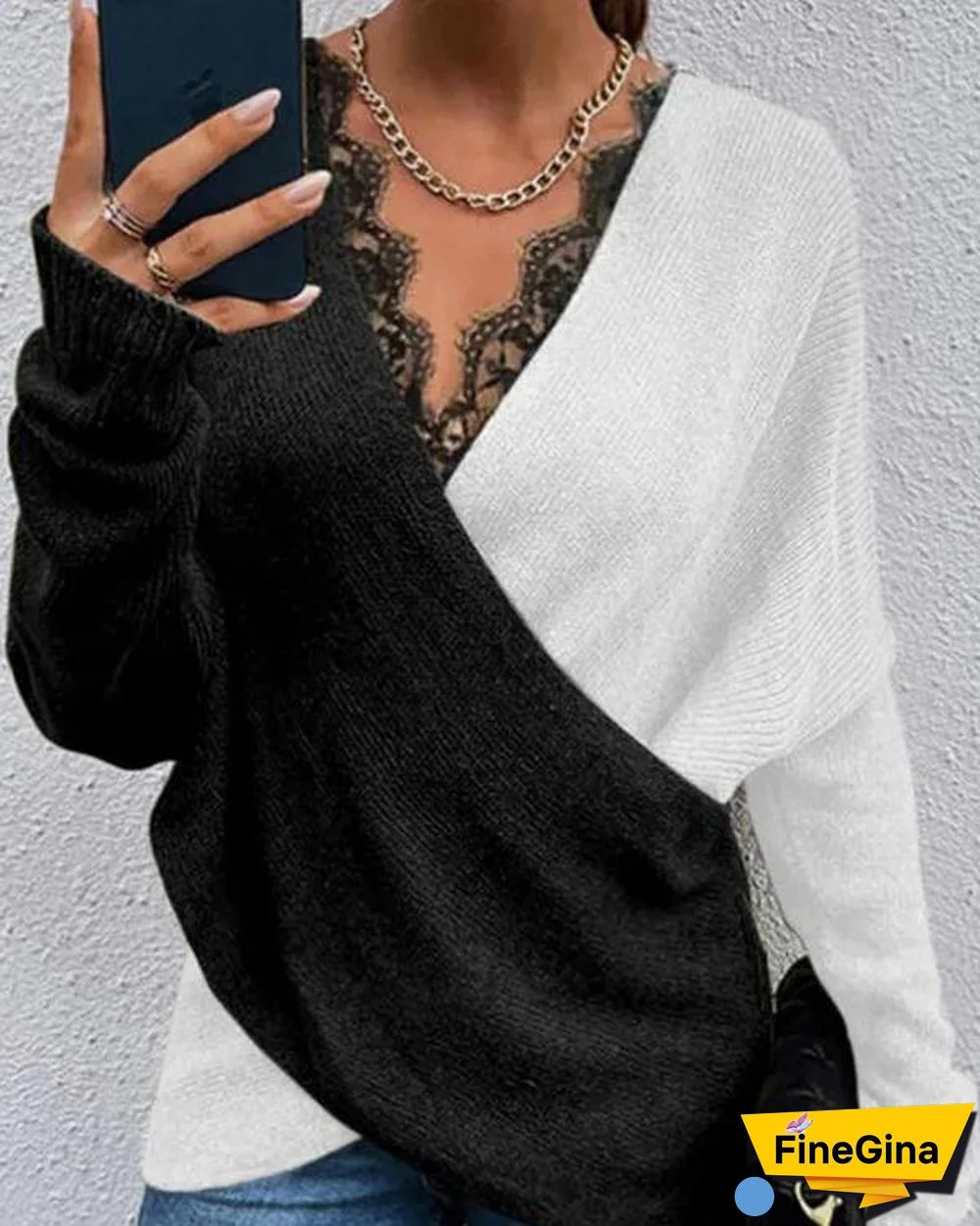 Color Contrast Cross Lace V Neck Sweater