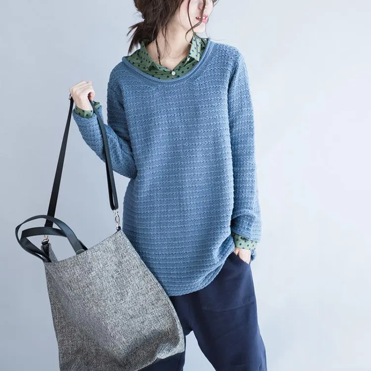 Blue cozy sweaters knit pullover top plus size cotton sweater