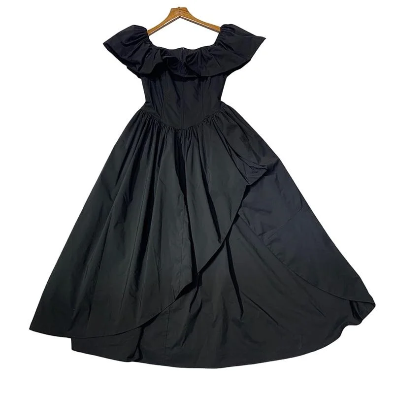 ABEBEY Black Split Dress For Women Slash Neck Short Sleeve High Waist Elegant Solid Dresses Female Fashion New Clothing