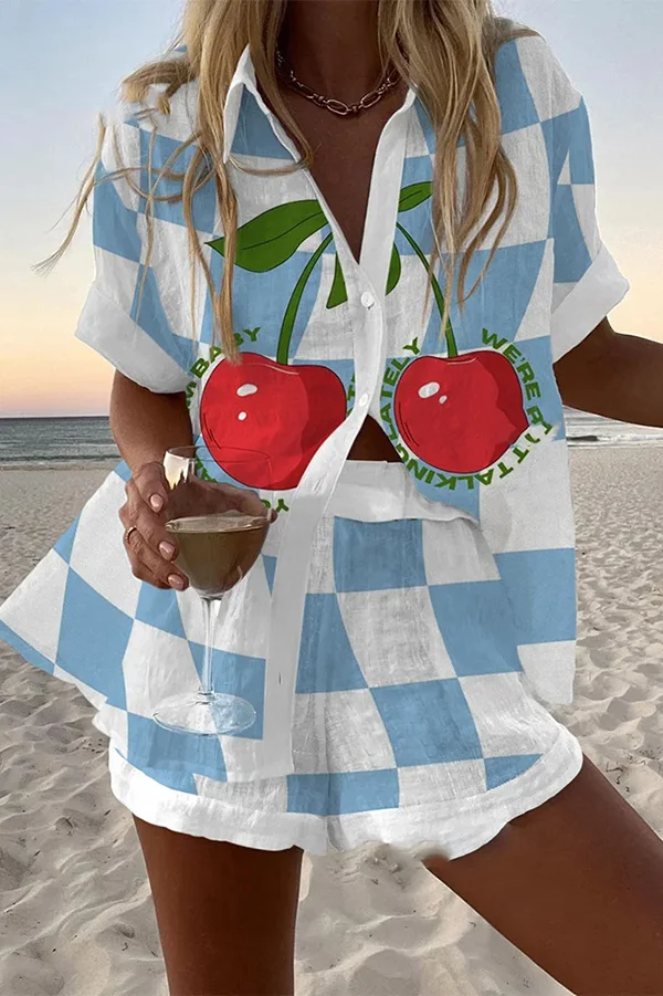 Plaid Cherry Print Loose Button Elastic Waist Shorts Set