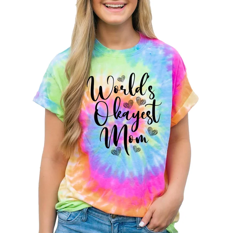 Women Funny Tie Dye Worlds okayest mom Mens Short Sleeve Casual T-Shirt - Heather Prints Shirts
