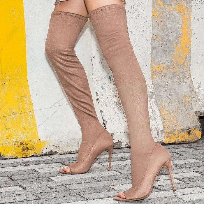 Khaki Lycra Peep Toe Thigh High Sock Boots for Women |FSJ Shoes