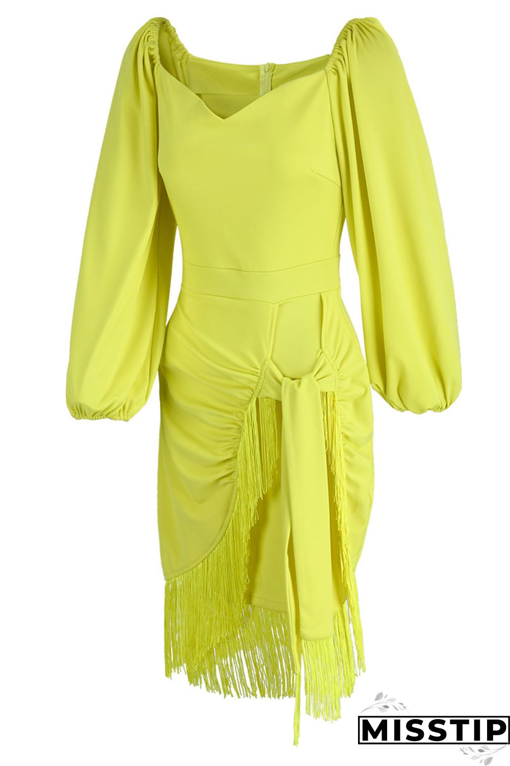 Green Casual Solid Tassel Patchwork Asymmetrical V Neck Straight Dresses