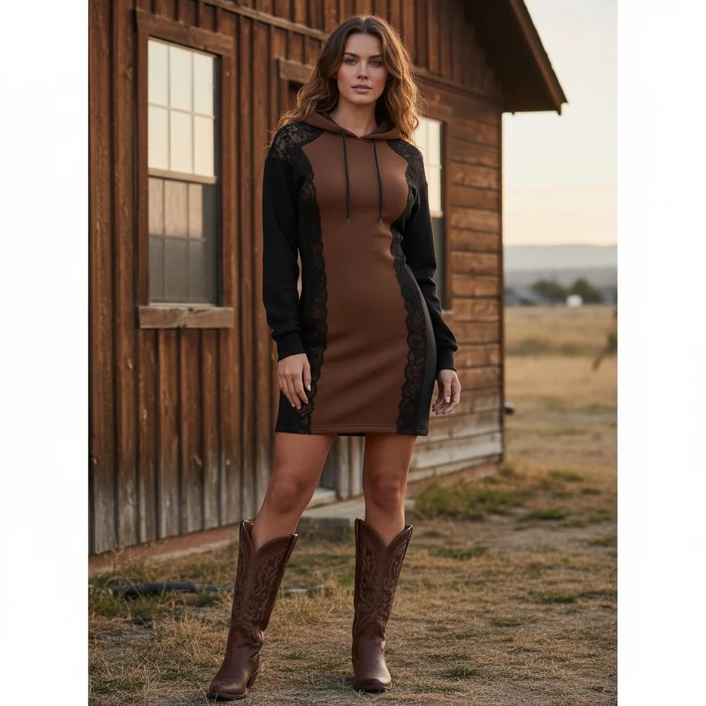 Women's Vintage Brown Patchwork Lace Hoodie Dress