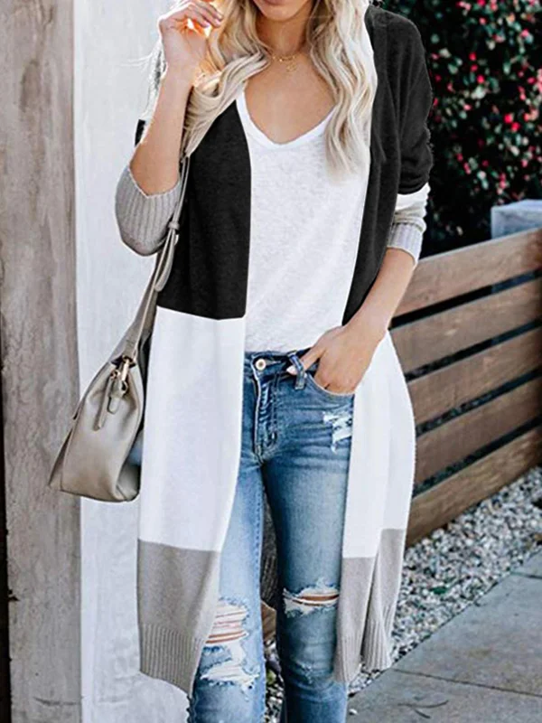 Contrast Color Long Sleeves Loose V-Neck Cardigan Tops