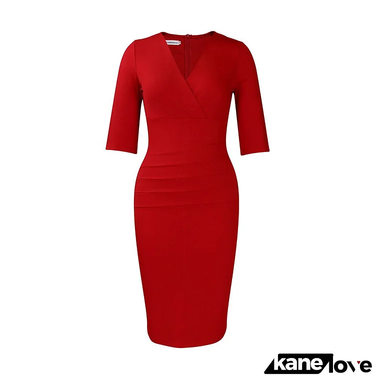 Women Fashion Plus Size Solid Color V-Neck Dress