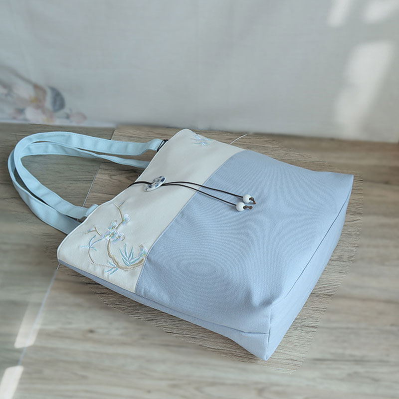 Plum Embroidery Color Block Vintage Tote Bag