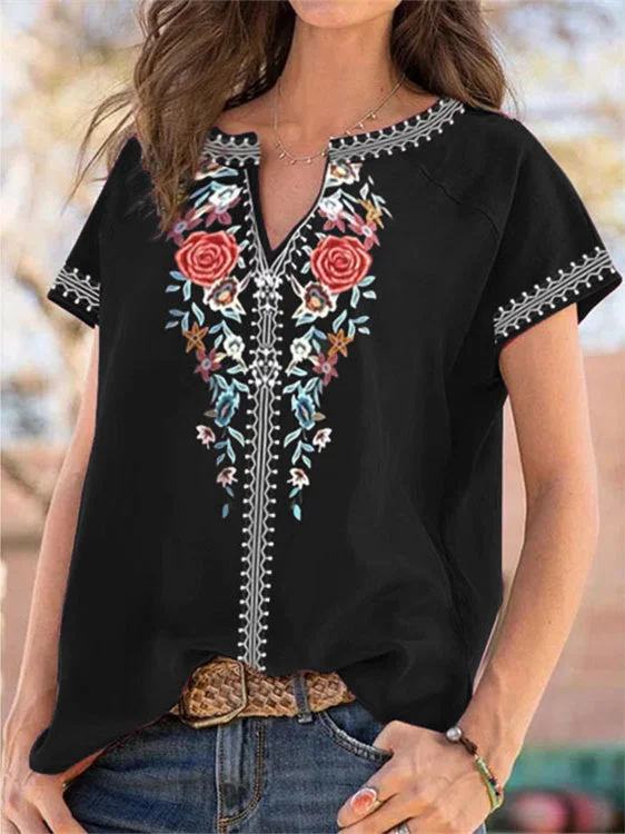 Women's Short Sleeve V Neck Floral Printed Casual Top