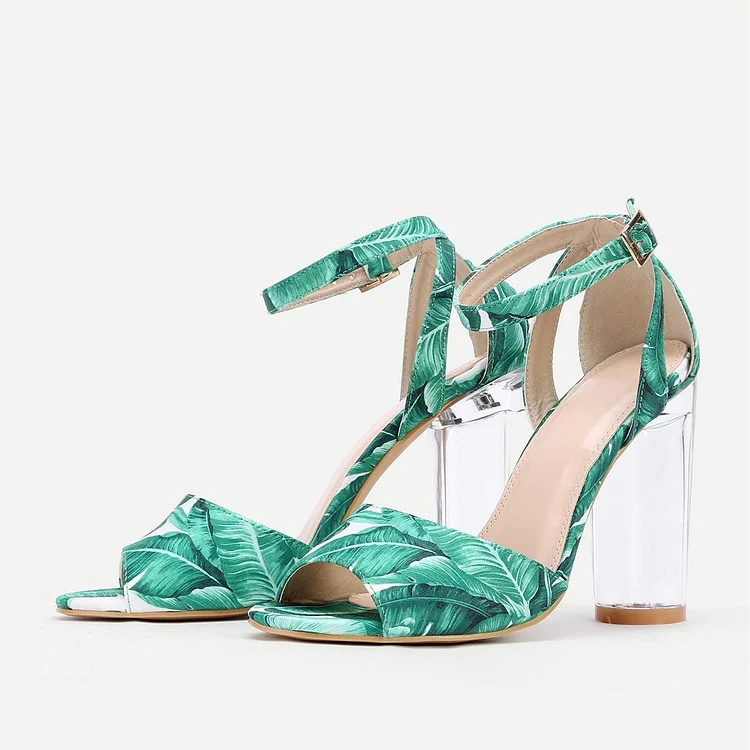 Green Floral Peep Toe Ankle Strap transparent Chunky Heel Sandals