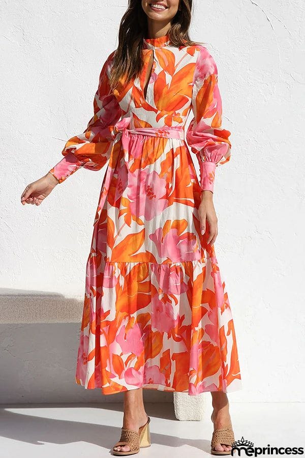 Floral Print Balloon Sleeve Pleated Lace Up Maxi Dress