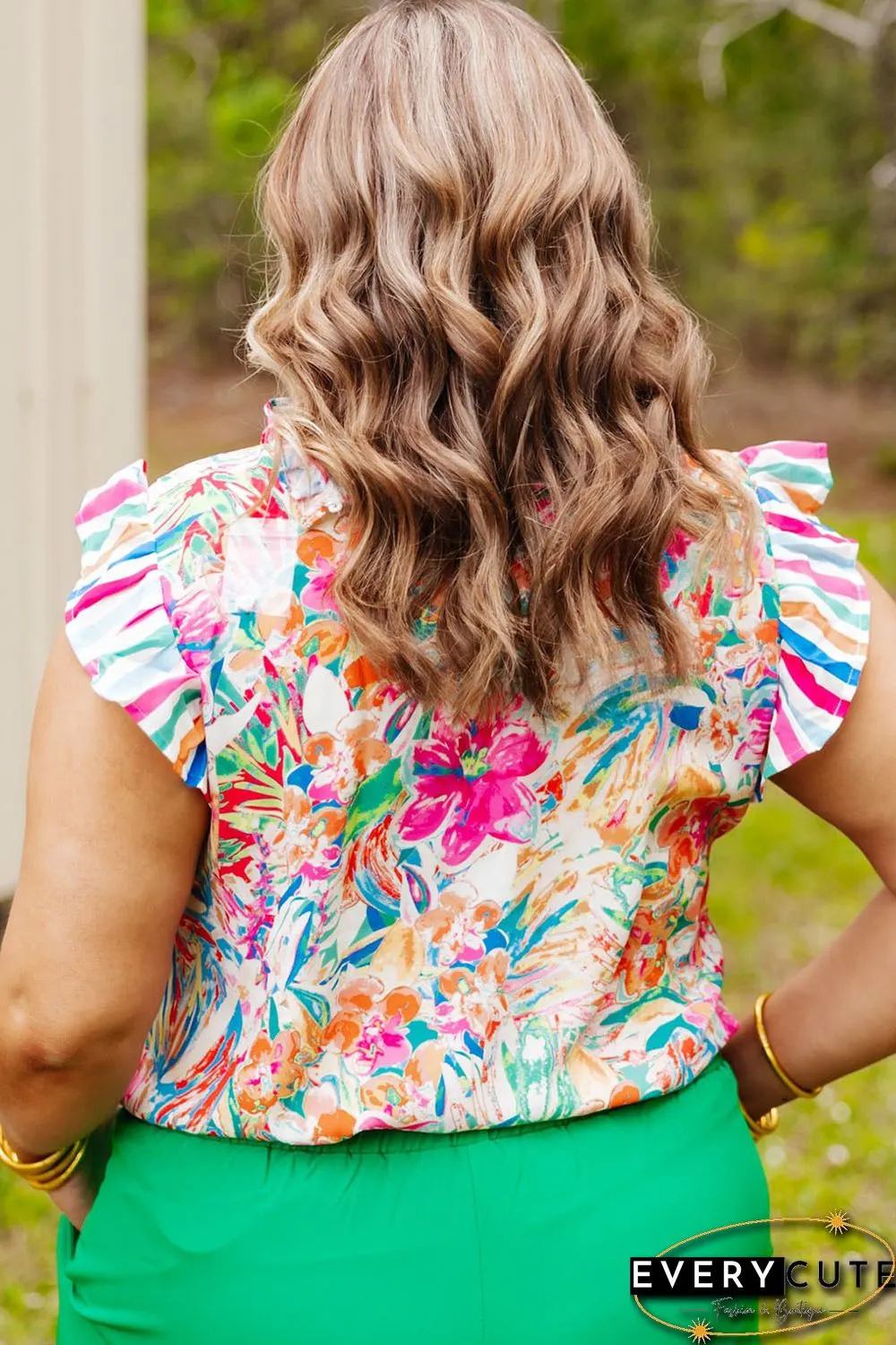 Multicolor Plus Sizie Striped Ruffle Sleeve Floral Blouse