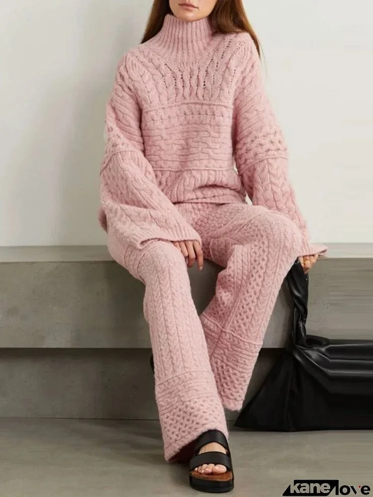 Simple Sweater Jacquard Round-Neck Top Straight Leg Pants Two-Pieces Set
