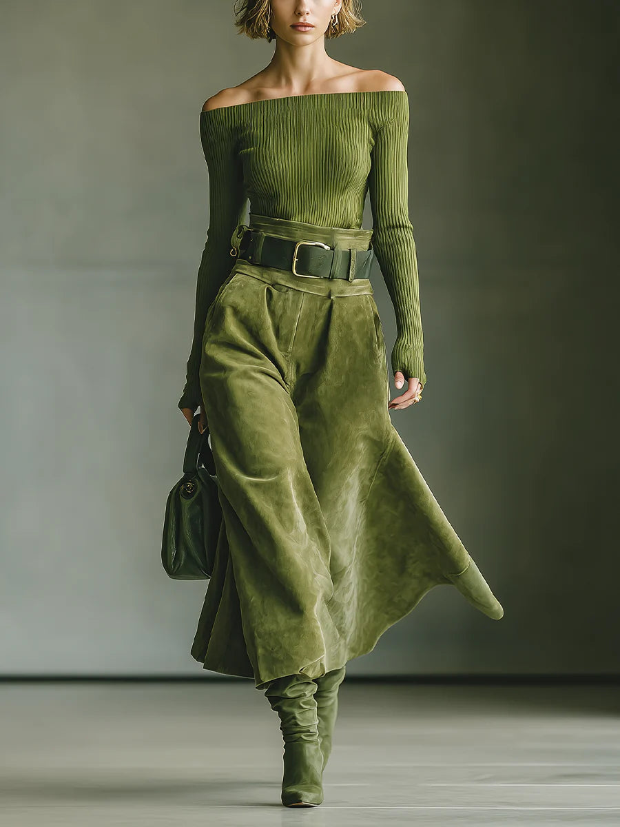 Olive Green Off-Shoulder Top & Faux Suede Skirt Set
