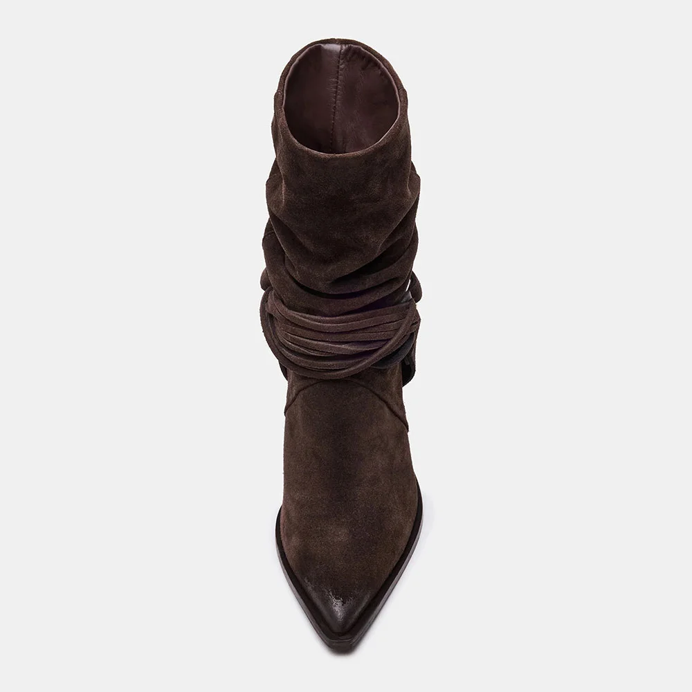 Women's Pointed Toe Chunky Heel Pull On Buckle Short Booties