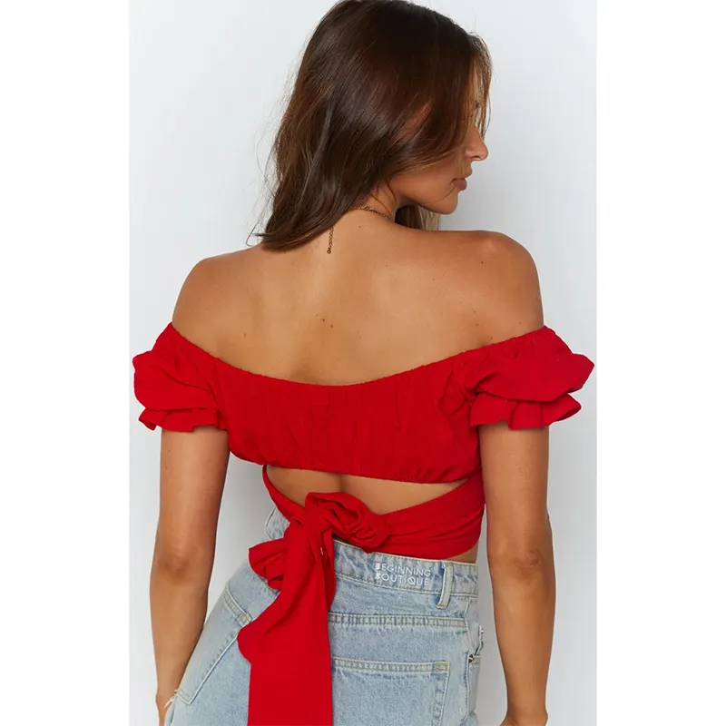 Bohemian Lantern Short-Sleeved Umbilical Straps Short-Shirts Pleated Solid Colors Small