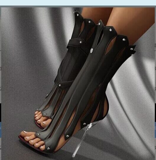 Women Sexy Black Strip Strappy Sandals With Rivet Stiletto High Heel Shoes Nicepairs