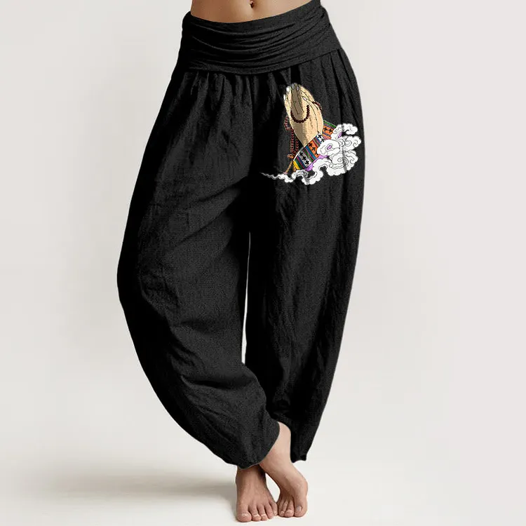 Cotton Simple Lively Clasped Hands Prayer Beads Clouds Pattern Women's Elastic Waist Harem Pants