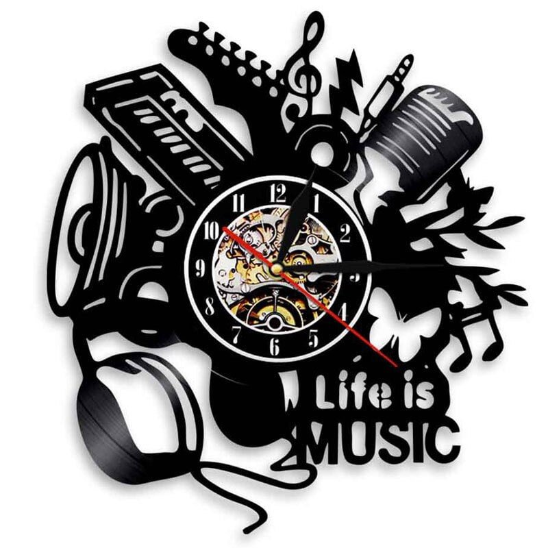 Acoustic Guitar Drum Vinyl Record Wall Clock Rock Music Theme Wall Art Musical Instrument Vinyl Clock Wall Watch Home Decor