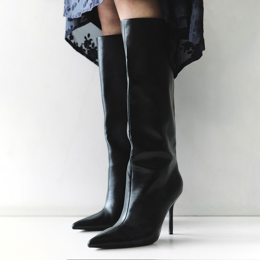 Black Pull-On Pointed Toe Stiletto Heel Tall Boots for Women Nicepairs