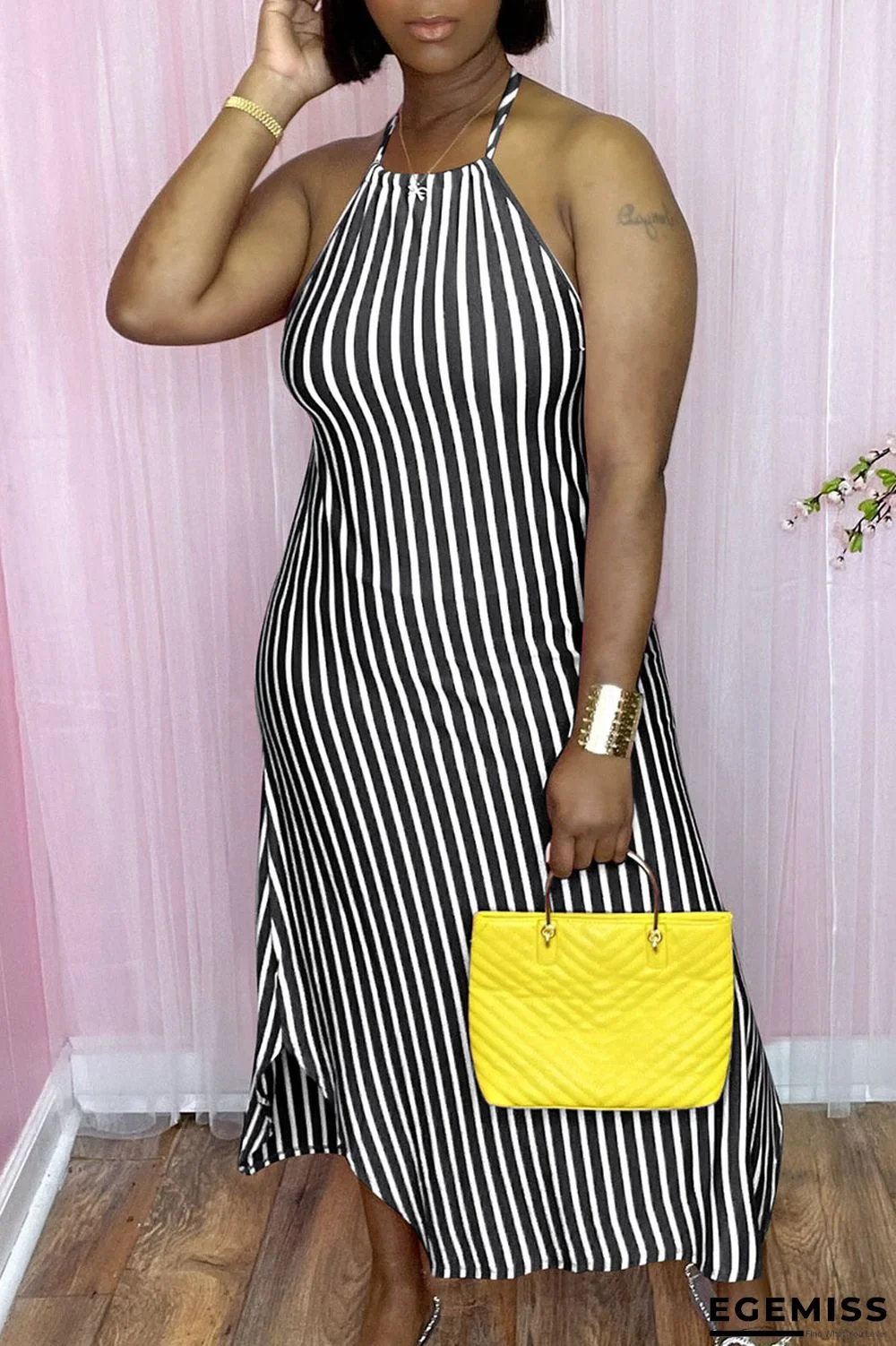 Black Sexy Striped Print Patchwork Frenulum Backless Halter A Line Dresses | EGEMISS