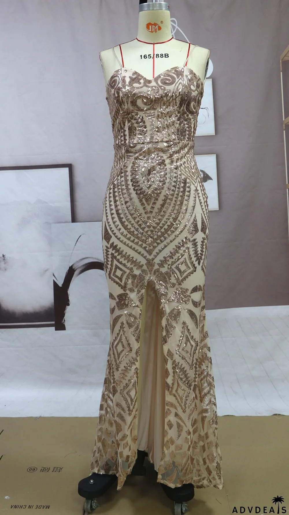 Spring Women Sexy Golden Sequins Straps Slim Slit Mermaid Evening Dress