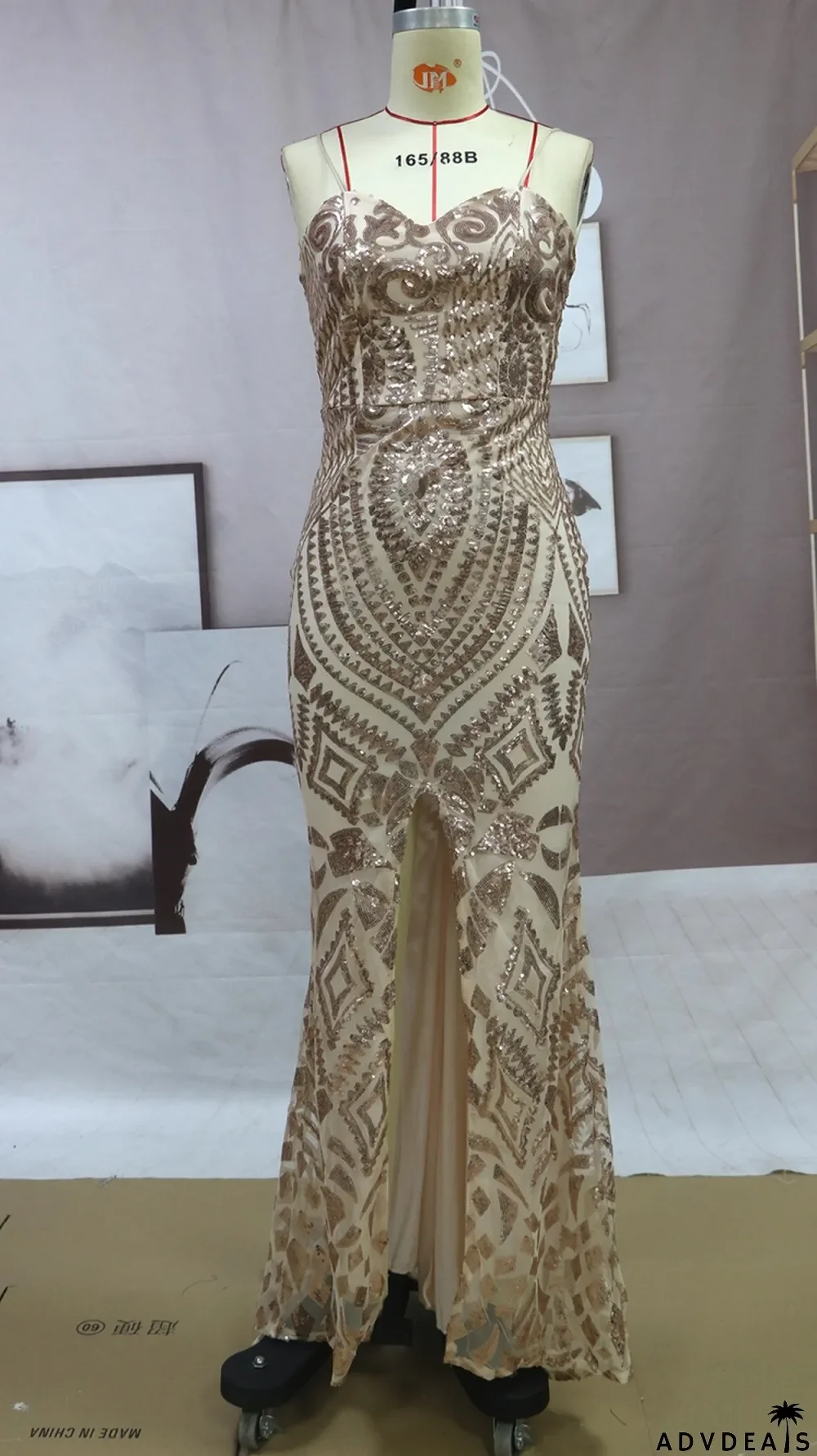 Spring Women Sexy Golden Sequins Straps Slim Slit Mermaid Evening Dress