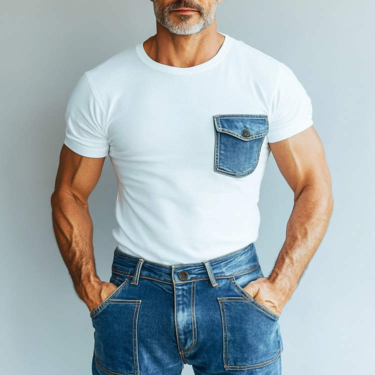 Men's Crew Neck Denim Chest Pocket Short Sleeve T-Shirt