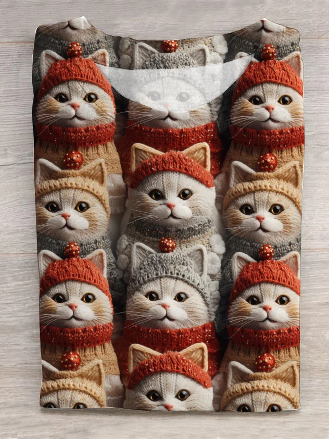 Winter Cute Cat Print Short-sleeved T-shirt