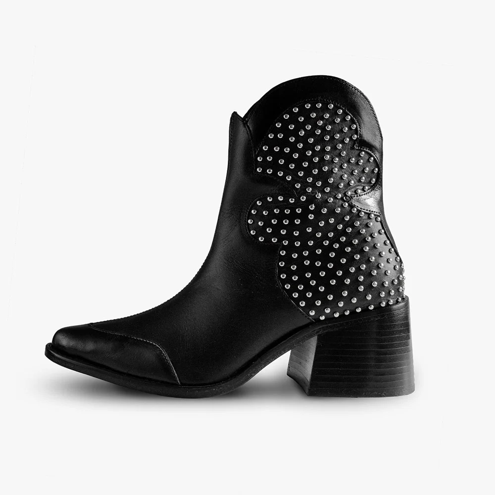 Black Studded Snip Toe Block Heel Zipper Ankle Cowgirl Boots for Women