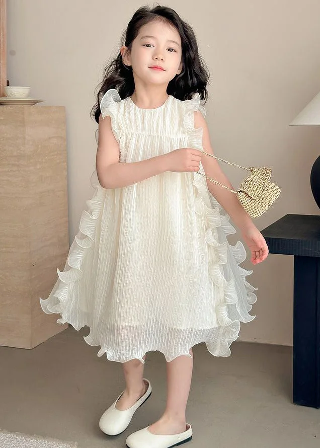 Elegant Beige Ruffled Solid Spandex Girls Dresses Sleeveless